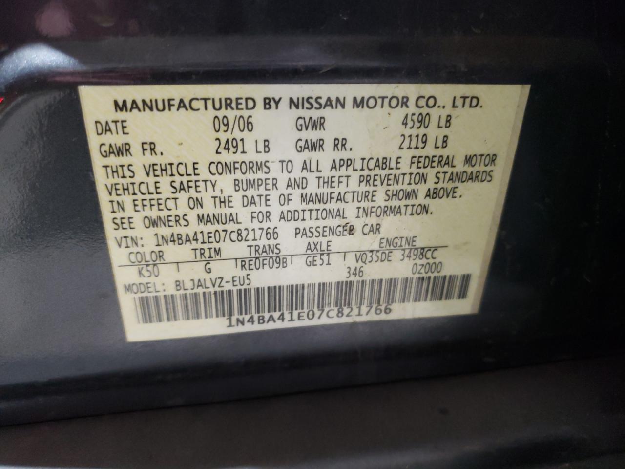 1N4BA41E07C821766 2007 Nissan Maxima Se