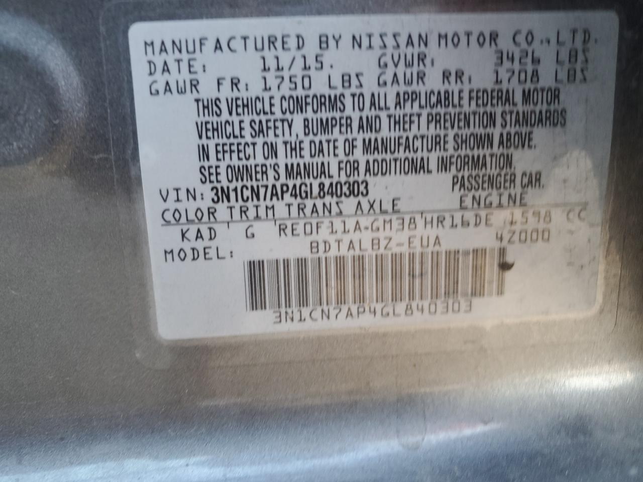 2016 Nissan Versa S VIN: 3N1CN7AP4GL840303 Lot: 41422584