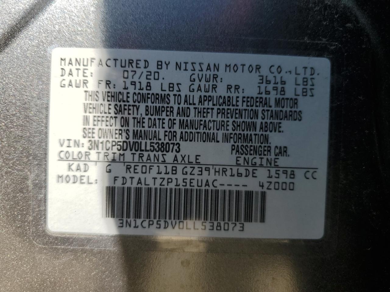 3N1CP5DV0LL538073 2020 Nissan Kicks Sr