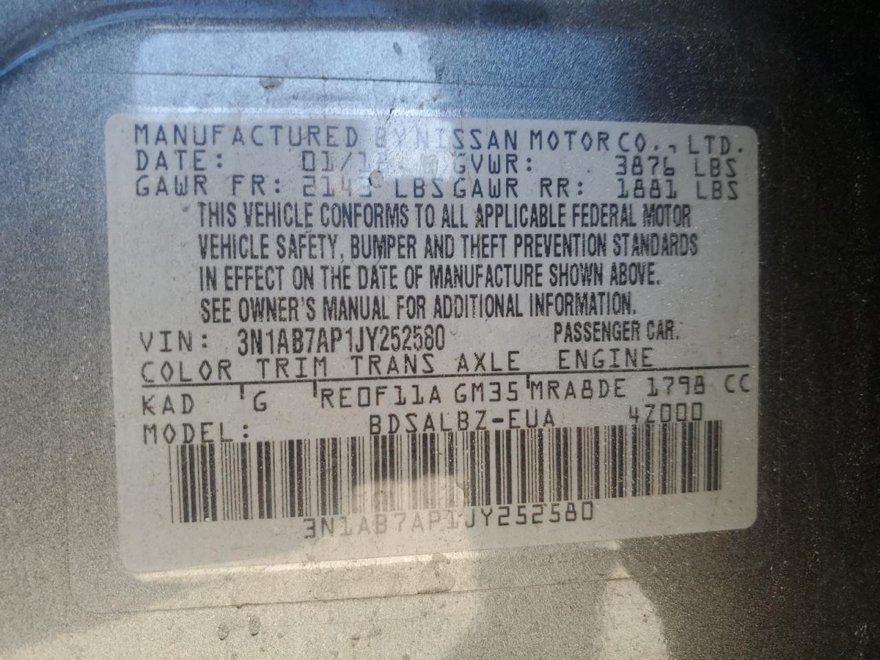 3N1AB7AP1JY252580 2018 Nissan Sentra S