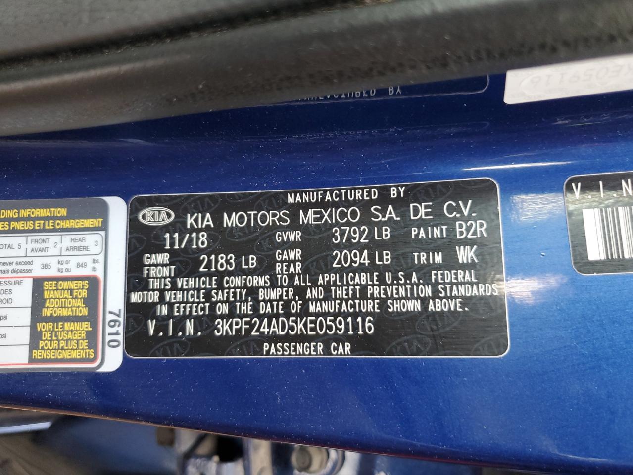 2019 Kia Forte Fe VIN: 3KPF24AD5KE059116 Lot: 68832803