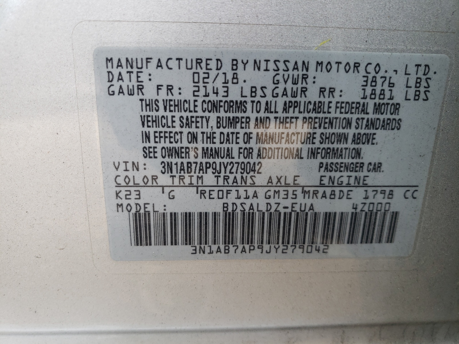 3N1AB7AP9JY279042 2018 Nissan Sentra S