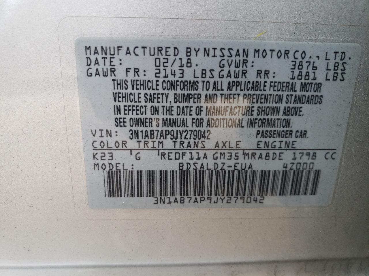 2018 Nissan Sentra S VIN: 3N1AB7AP9JY279042 Lot: 44593514