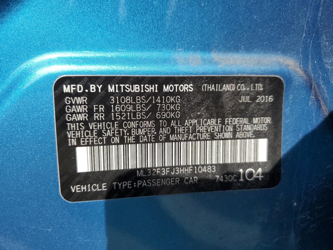 ML32F3FJ3HHF10483 2017 Mitsubishi Mirage G4 Es