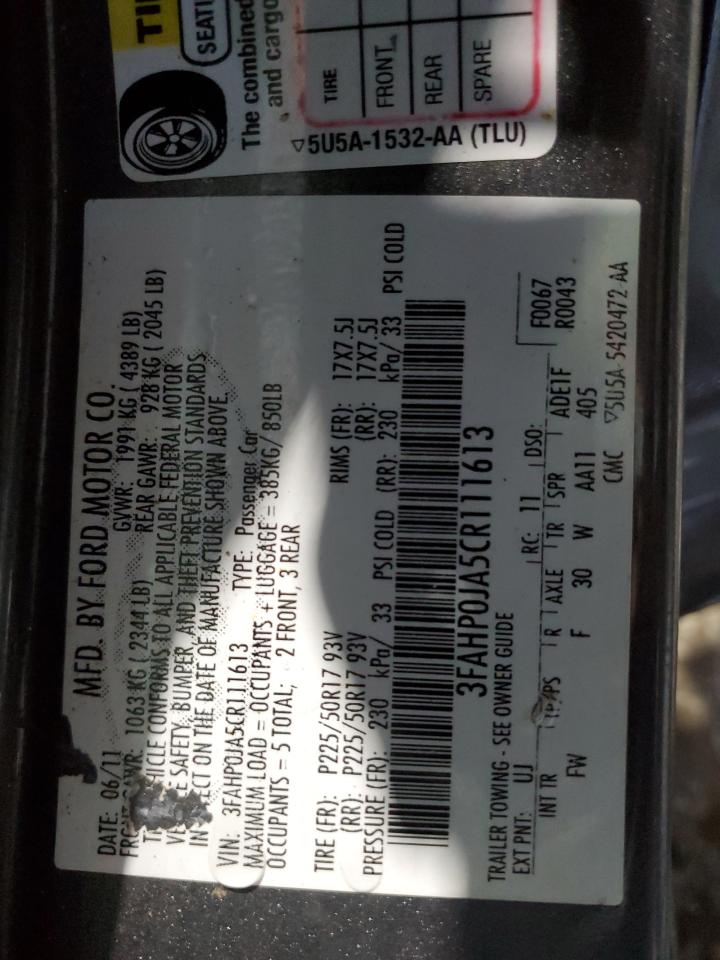 2012 Ford Fusion Sel VIN: 3FAHP0JA5CR111613 Lot: 40041204