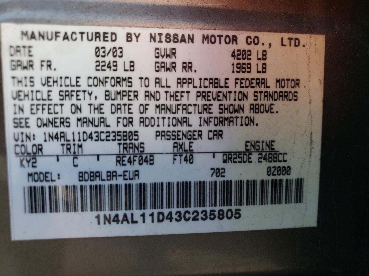 1N4AL11D43C235805 2003 Nissan Altima Base