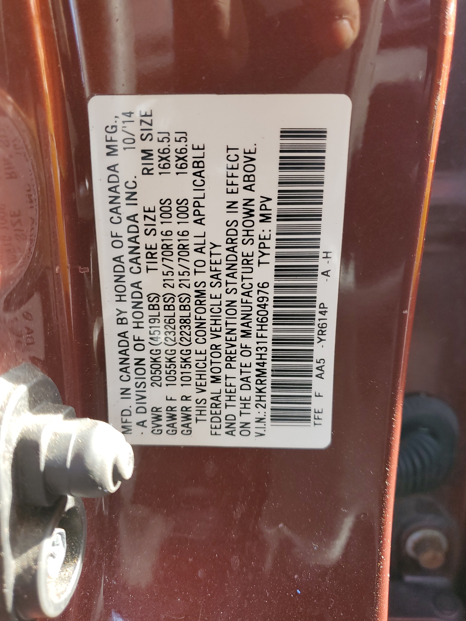 2HKRM4H31FH604976 2015 Honda Cr-V Lx