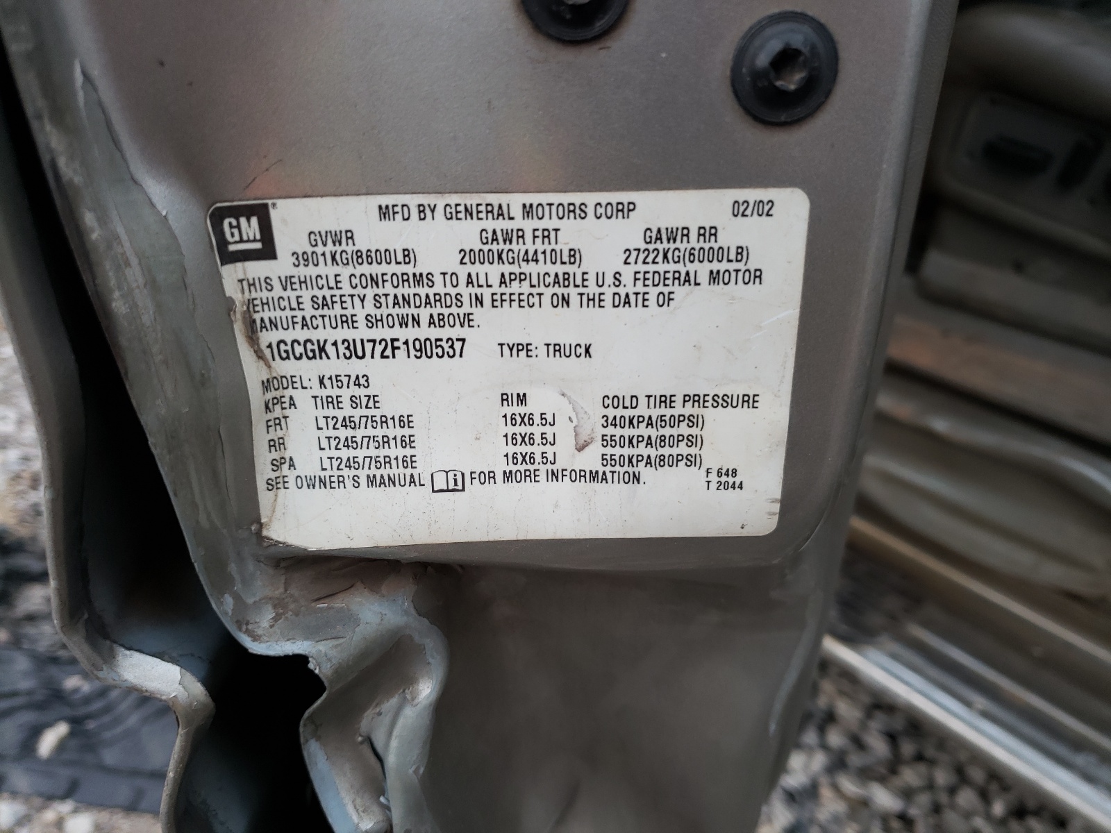 1GCGK13U72F190537 2002 Chevrolet Silverado K1500 Heavy Duty