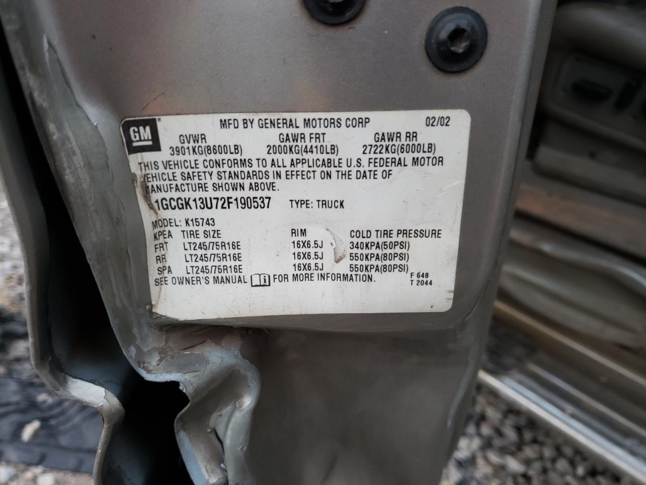 2002 Chevrolet Silverado K1500 Heavy Duty VIN: 1GCGK13U72F190537 Lot: 41558434