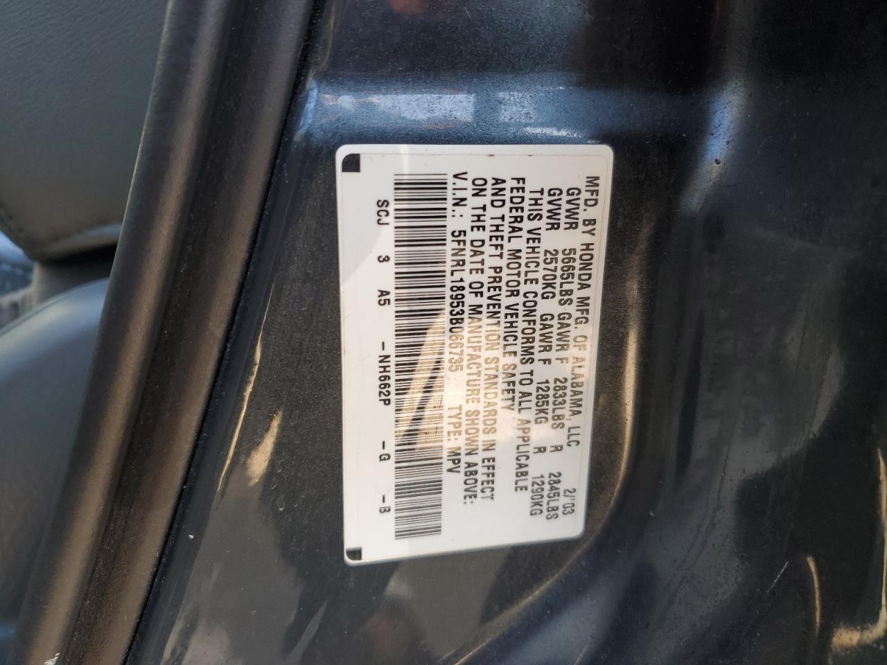 5FNRL18953B066735 2003 Honda Odyssey Exl