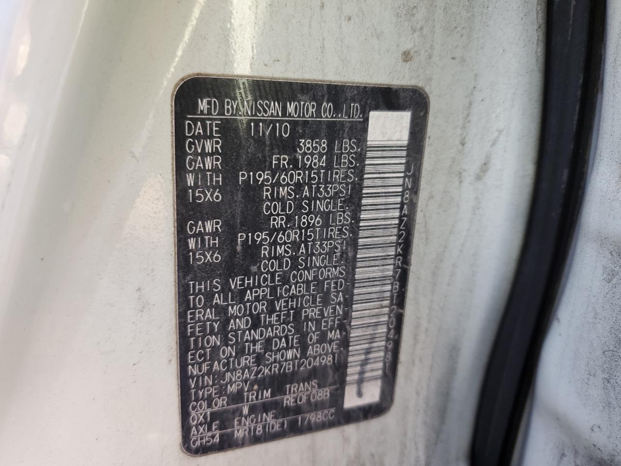 2011 Nissan Cube Base VIN: JN8AZ2KR7BT204981 Lot: 42654924