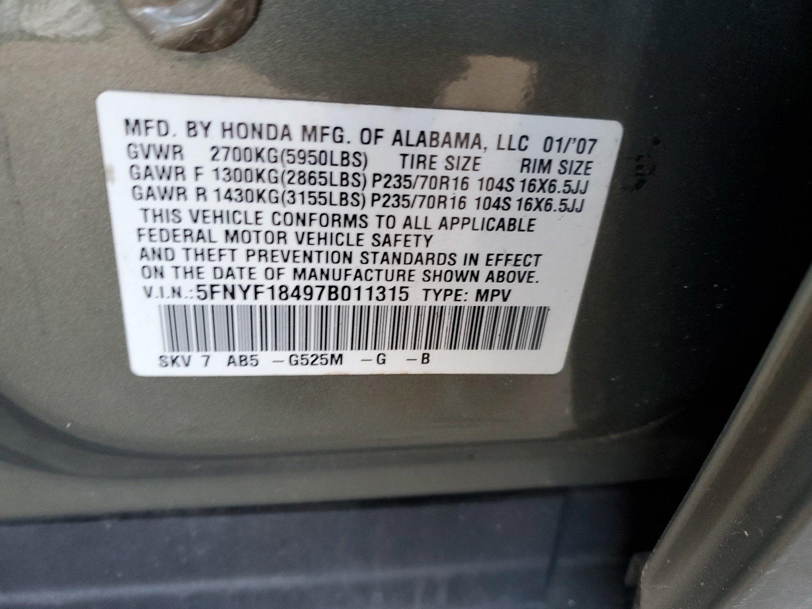 5FNYF18497B011315 2007 Honda Pilot Ex