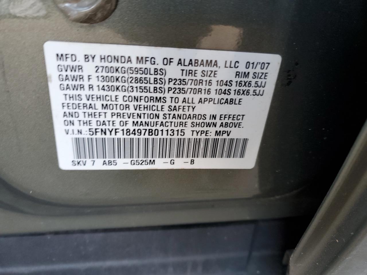 2007 Honda Pilot Ex VIN: 5FNYF18497B011315 Lot: 42939504