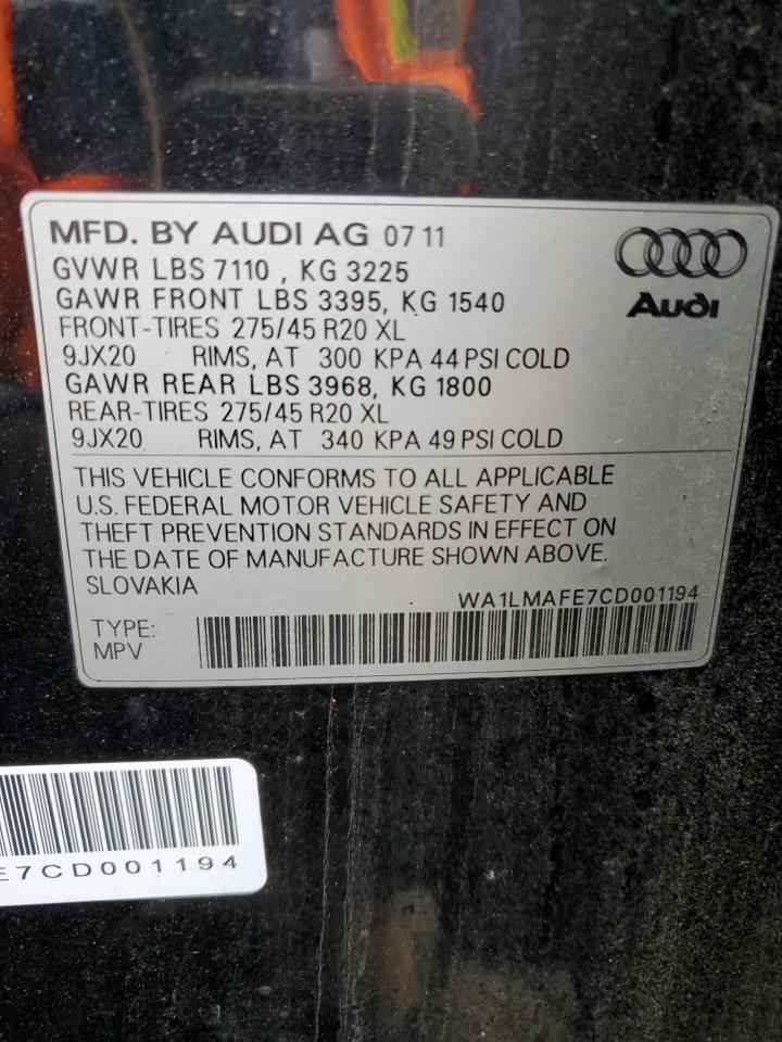 2012 Audi Q7 Premium Plus VIN: WA1LMAFE7CD001194 Lot: 41041974