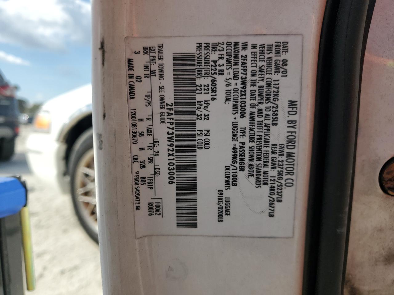 2002 Ford Crown Victoria VIN: 2FAFP73W92X103006 Lot: 58004214