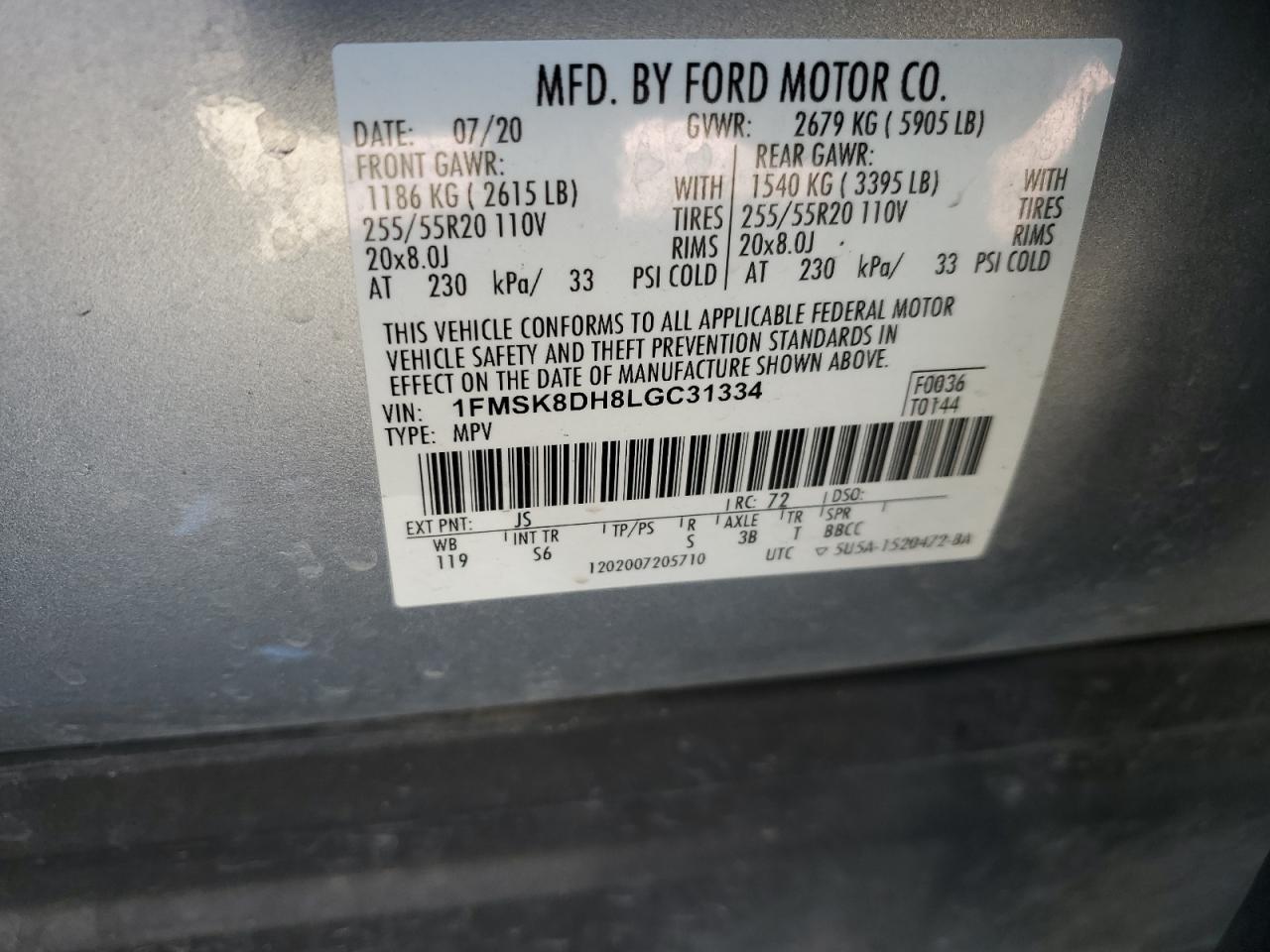 1FMSK8DH8LGC31334 2020 Ford Explorer Xlt