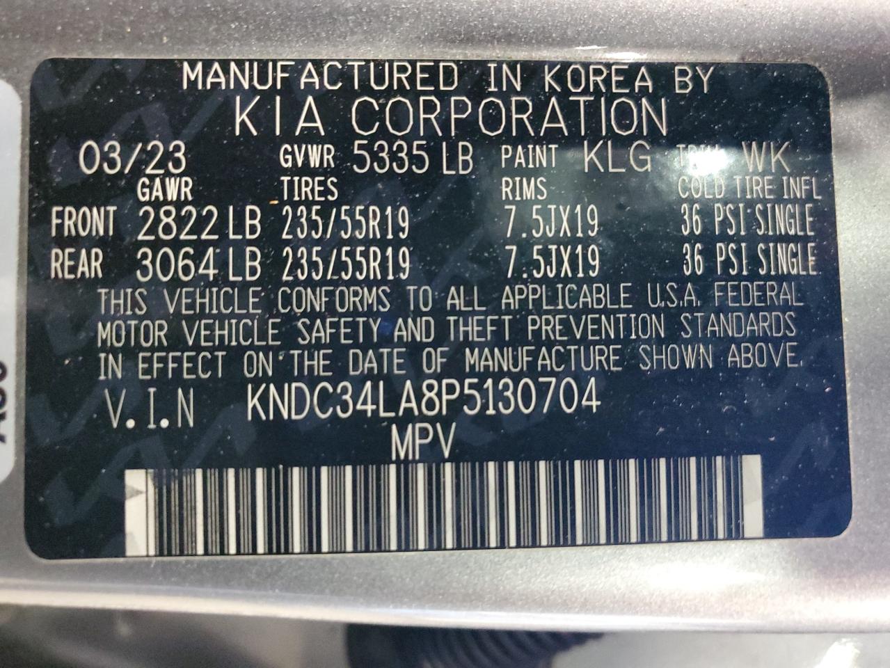 2023 Kia Ev6 Light VIN: KNDC34LA8P5130704 Lot: 42838254