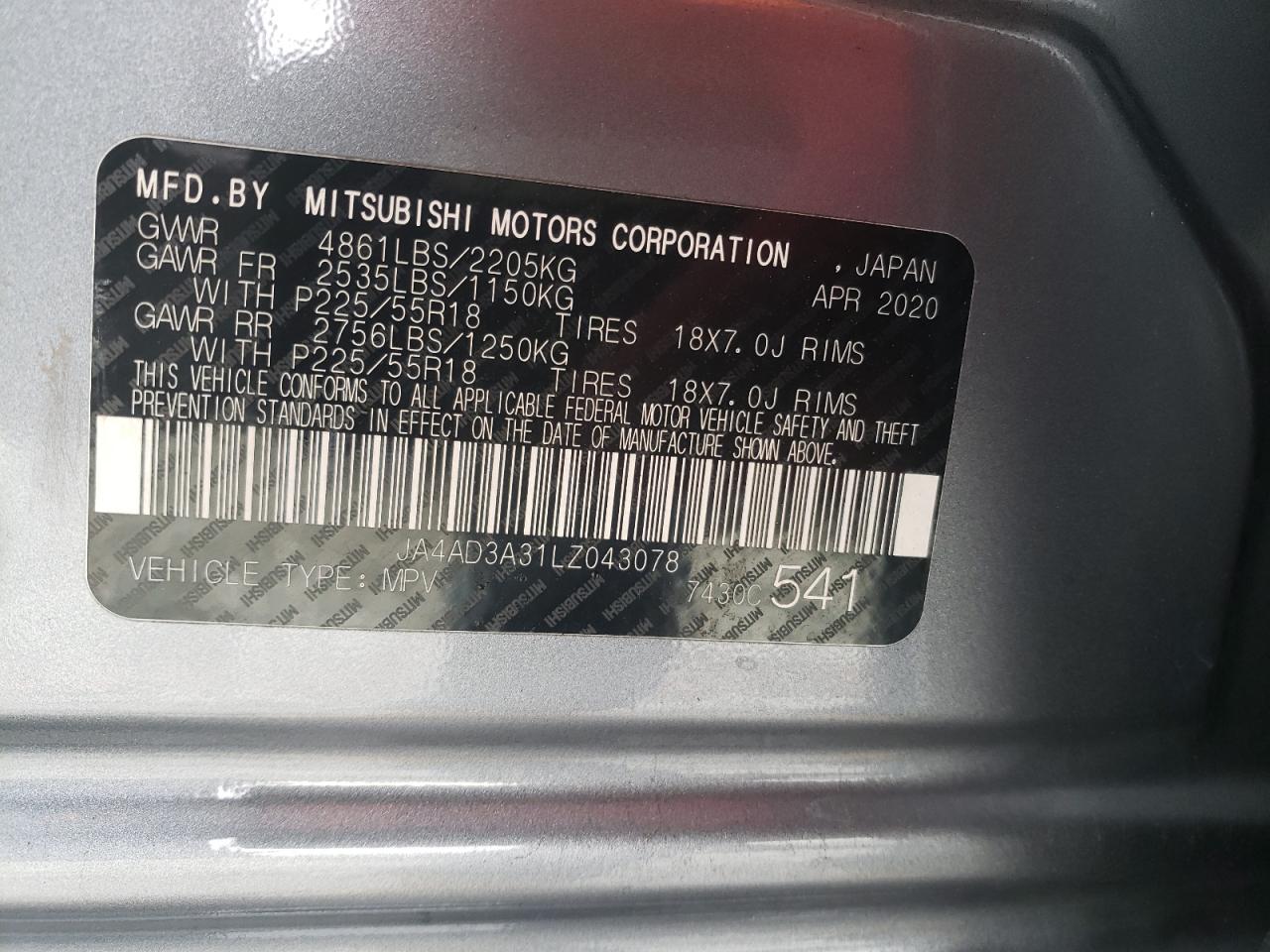 JA4AD3A31LZ043078 2020 Mitsubishi Outlander Se