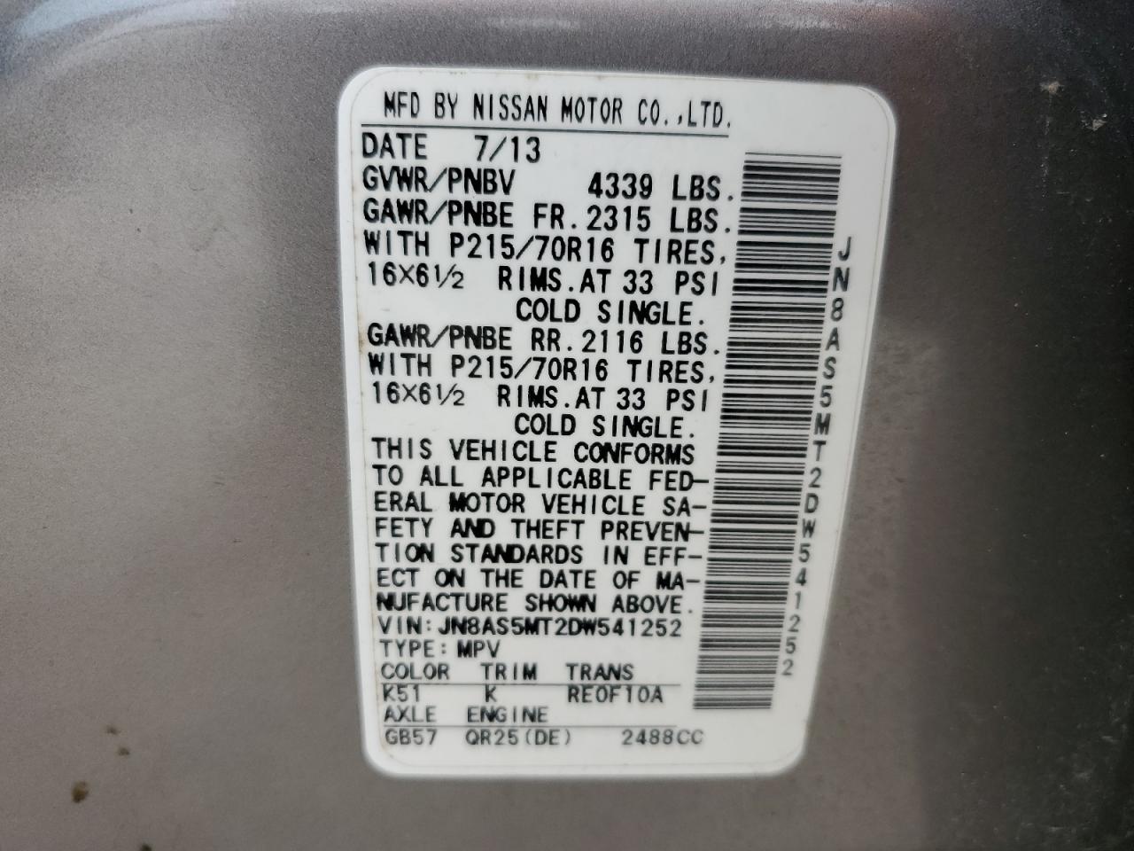 2013 Nissan Rogue S VIN: JN8AS5MT2DW541252 Lot: 42268954