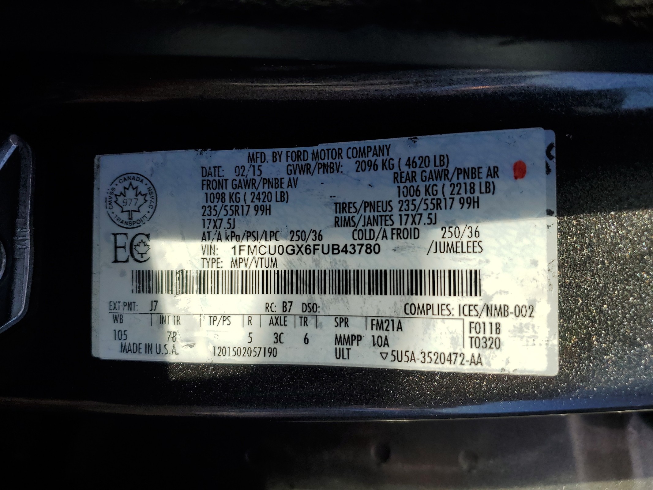 1FMCU0GX6FUB43780 2015 Ford Escape Se