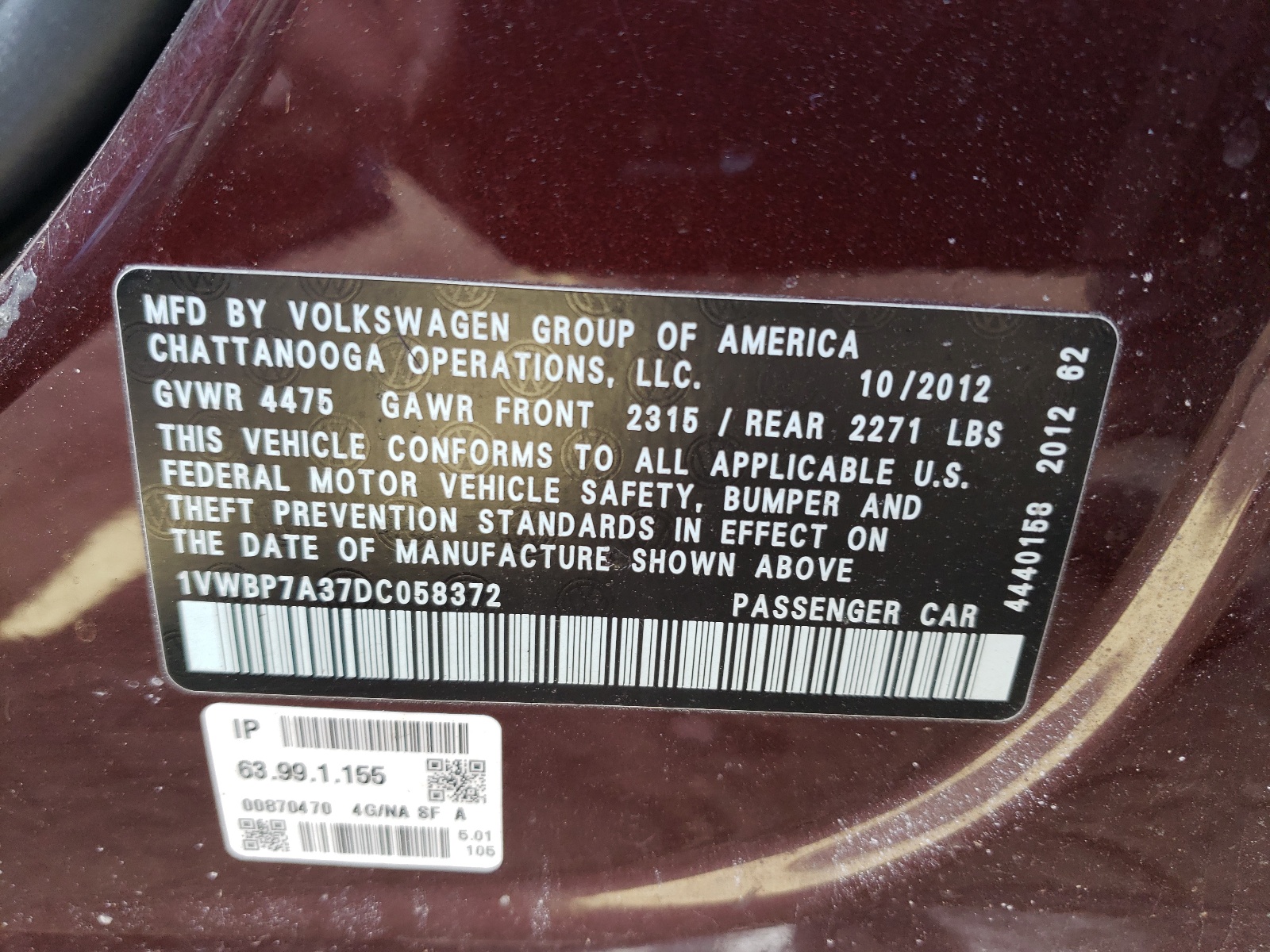 1VWBP7A37DC058372 2013 Volkswagen Passat Se