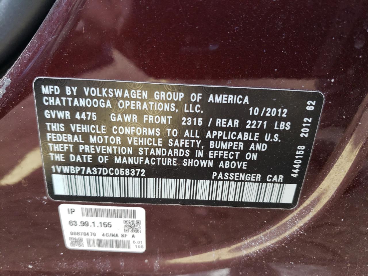 2013 Volkswagen Passat Se VIN: 1VWBP7A37DC058372 Lot: 42612744