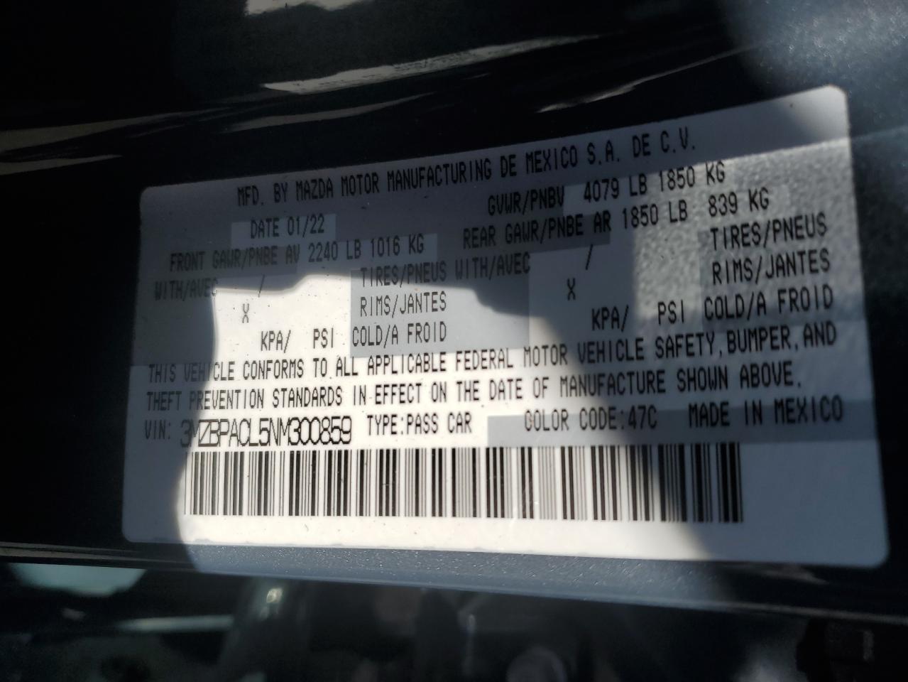 2022 Mazda 3 Preferred VIN: 3MZBPACL5NM300859 Lot: 42647884