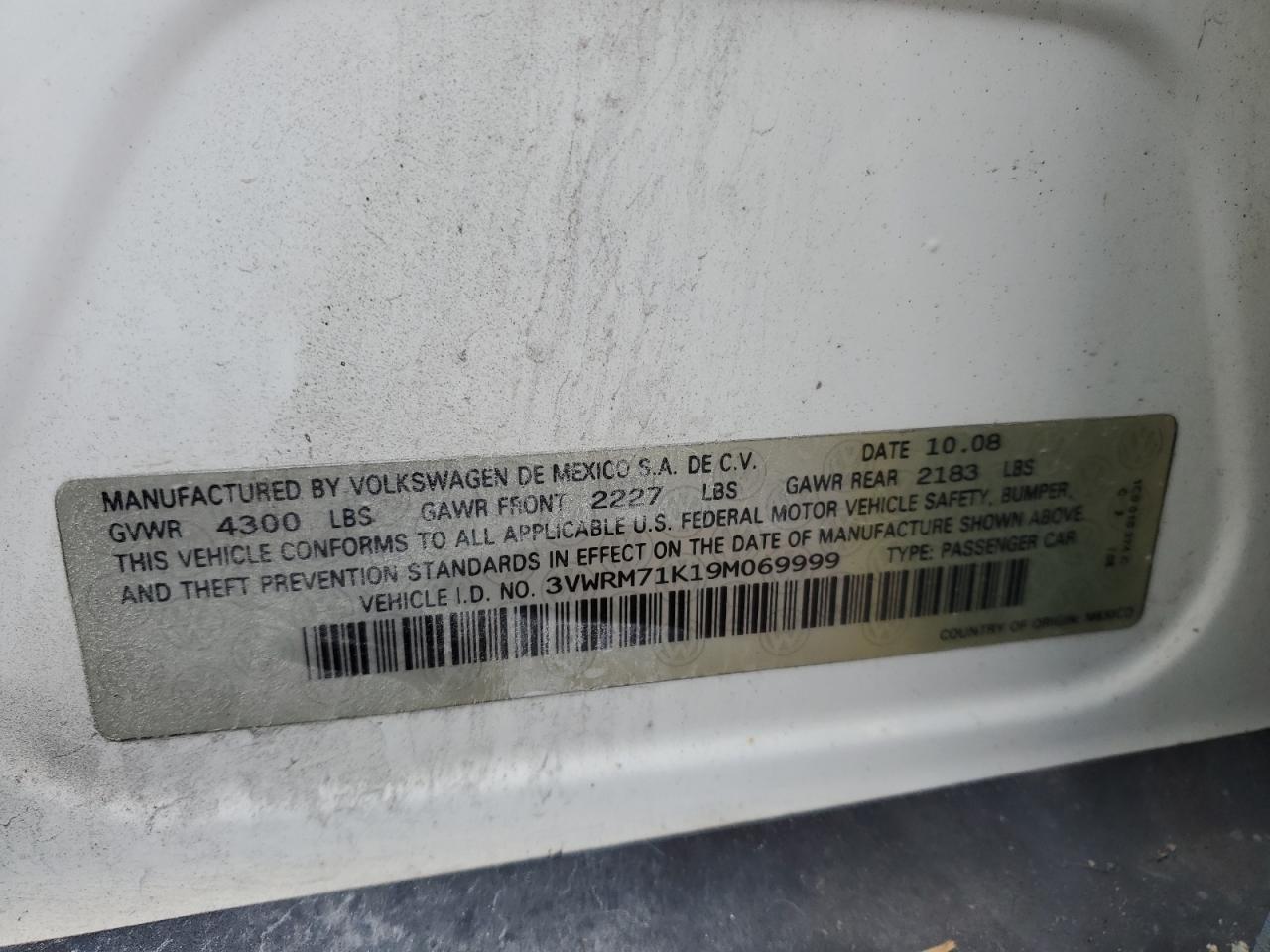 2009 Volkswagen Jetta Se VIN: 3VWRM71K19M069999 Lot: 56672234