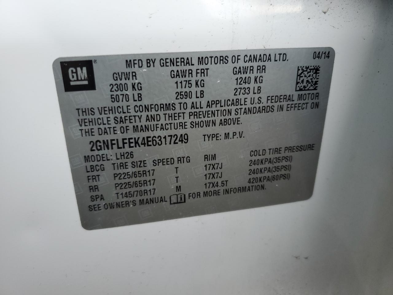 2GNFLFEK4E6317249 2014 Chevrolet Equinox Lt