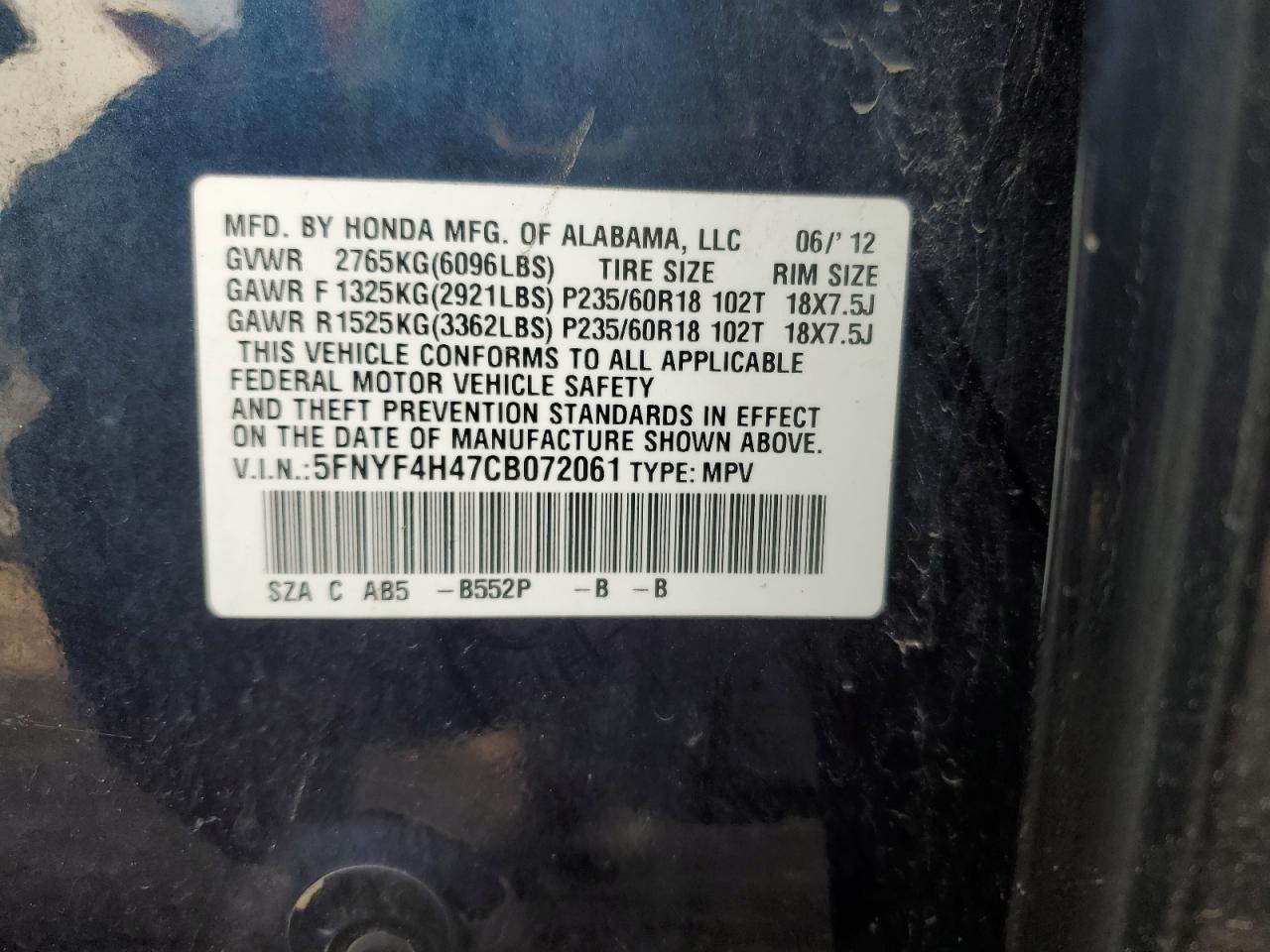 2012 Honda Pilot Ex VIN: 5FNYF4H47CB072061 Lot: 44313414