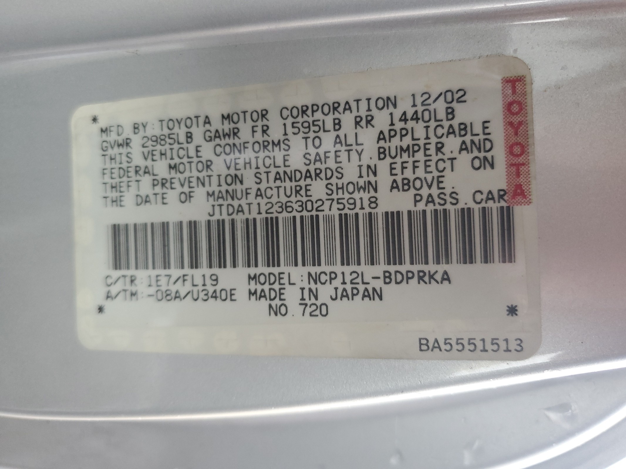 JTDAT123630275918 2003 Toyota Echo