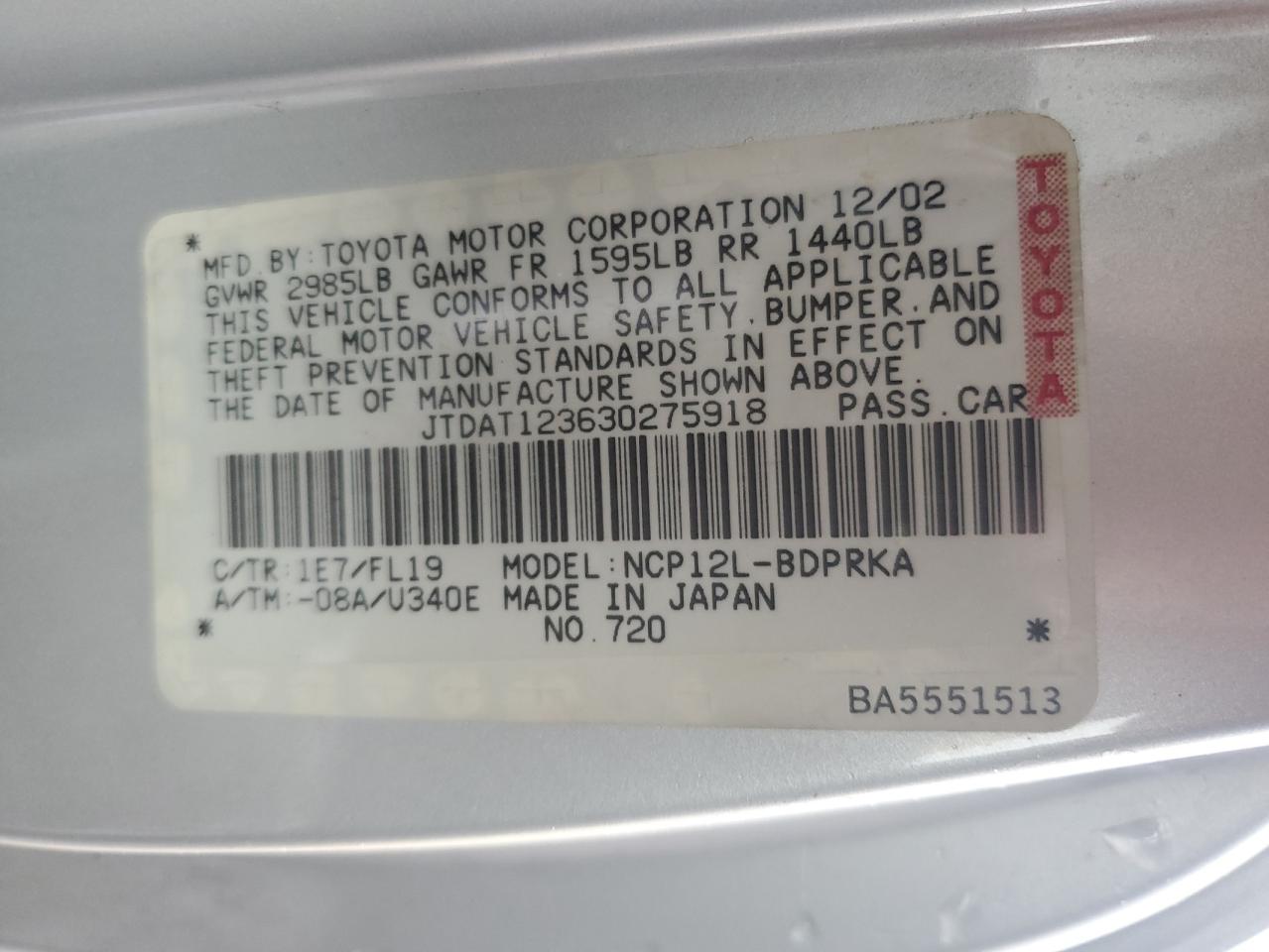 2003 Toyota Echo VIN: JTDAT123630275918 Lot: 42592844