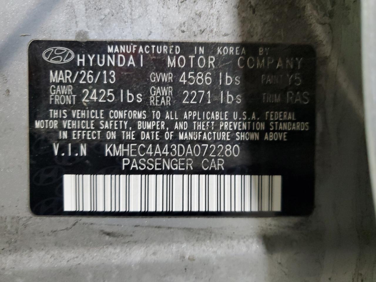 2013 Hyundai Sonata Hybrid VIN: KMHEC4A43DA072280 Lot: 67140334