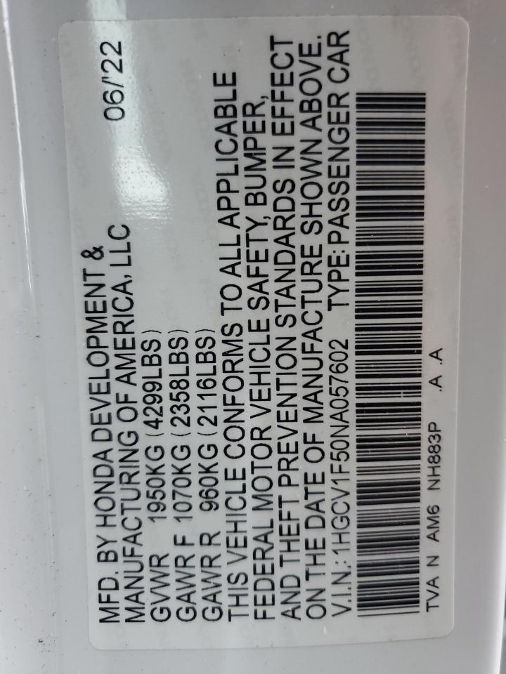 2022 Honda Accord Exl VIN: 1HGCV1F50NA057602 Lot: 40806734