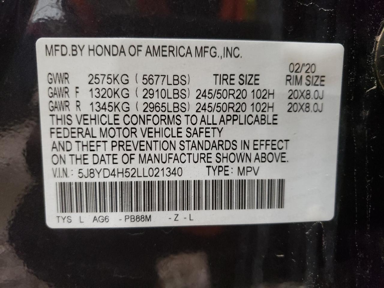 2020 Acura Mdx Technology VIN: 5J8YD4H52LL021340 Lot: 42429764