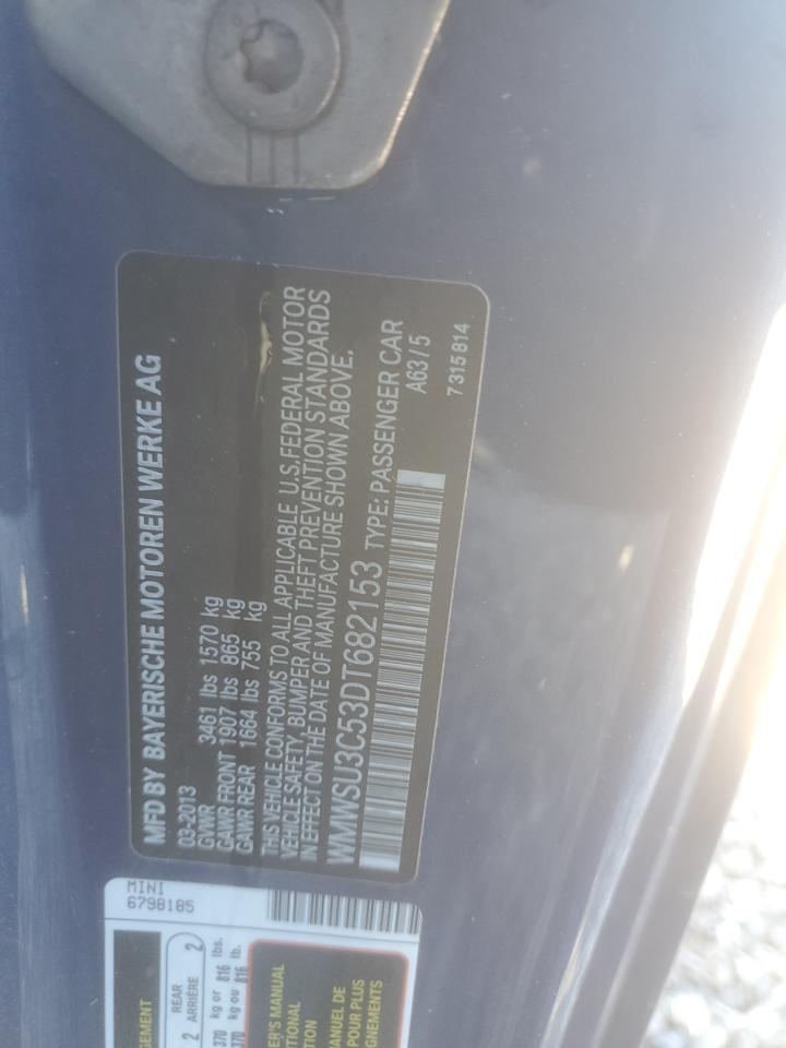 2013 Mini Cooper VIN: WMWSU3C53DT682153 Lot: 42428784