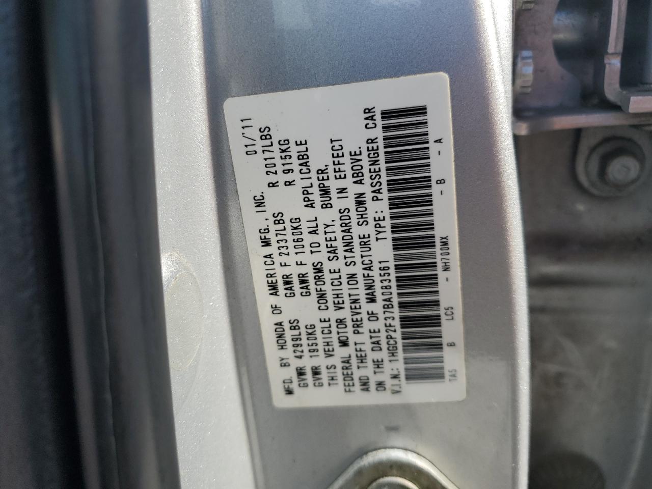 1HGCP2F37BA083561 2011 Honda Accord Lx