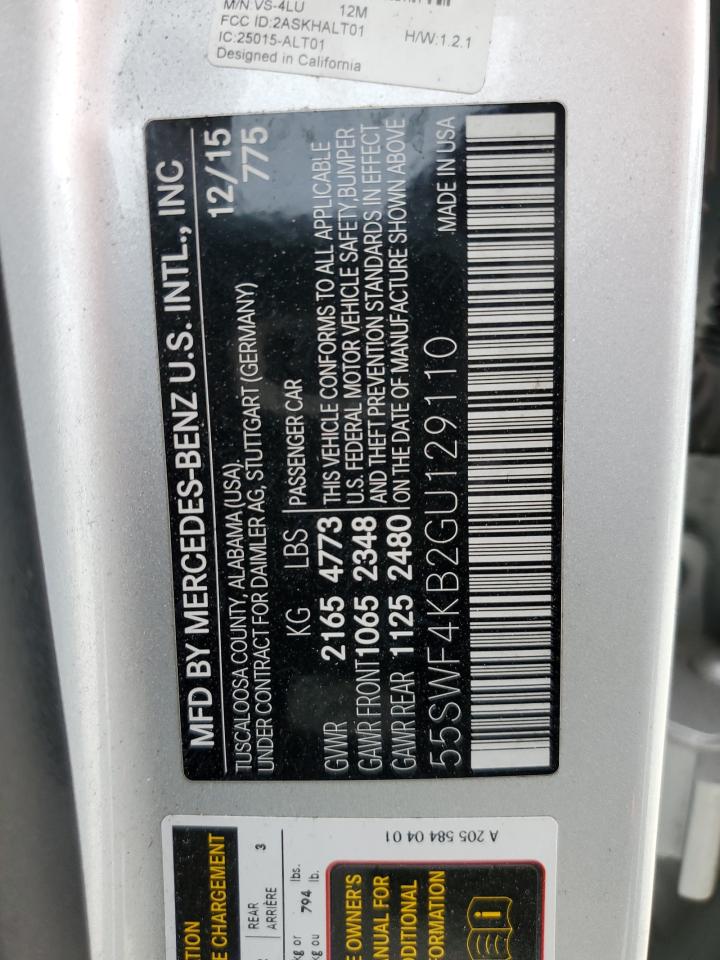 2016 Mercedes-Benz C 300 4Matic VIN: 55SWF4KB2GU129110 Lot: 44005734