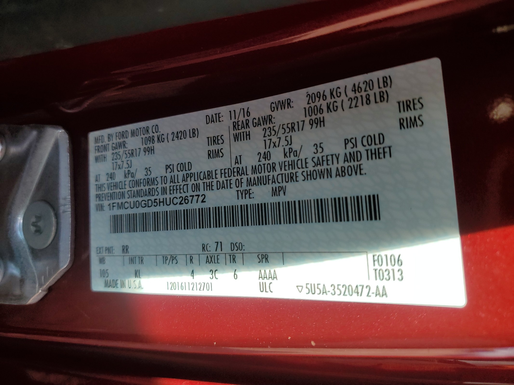 1FMCU0GD5HUC26772 2017 Ford Escape Se