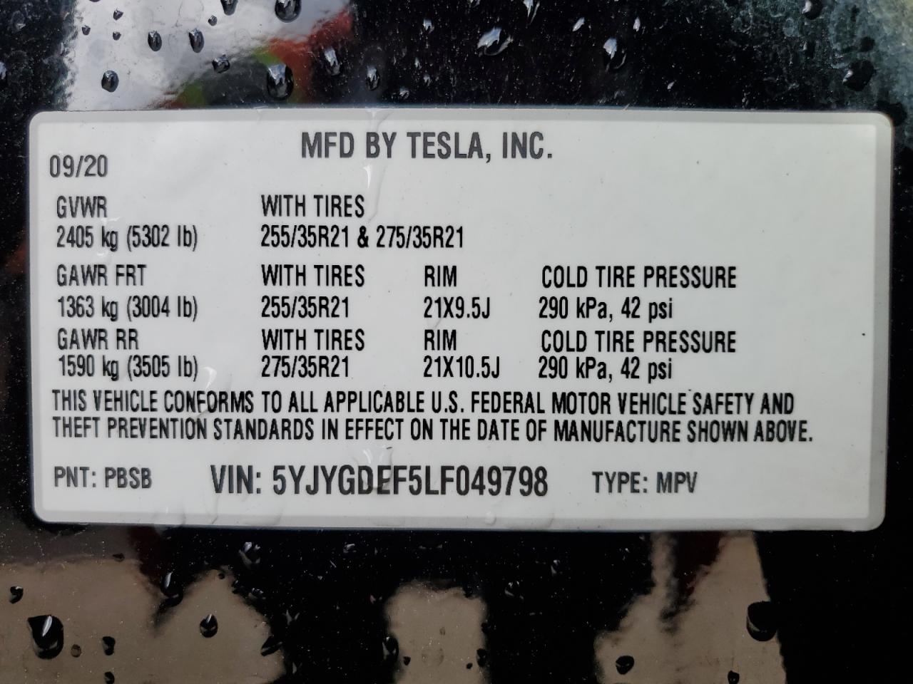 2020 Tesla Model Y VIN: 5YJYGDEF5LF049798 Lot: 54064085