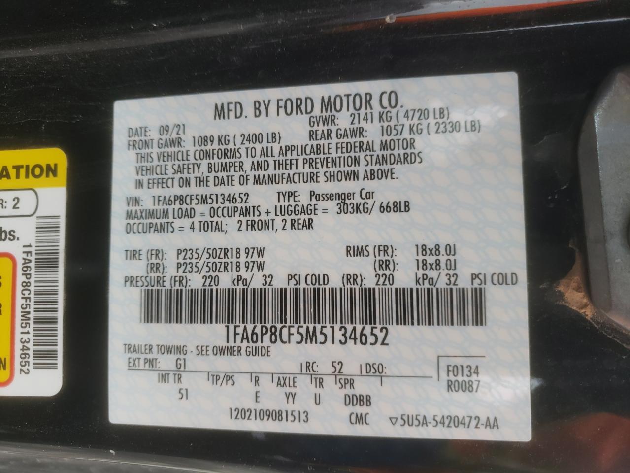 2021 Ford Mustang Gt VIN: 1FA6P8CF5M5134652 Lot: 71630685