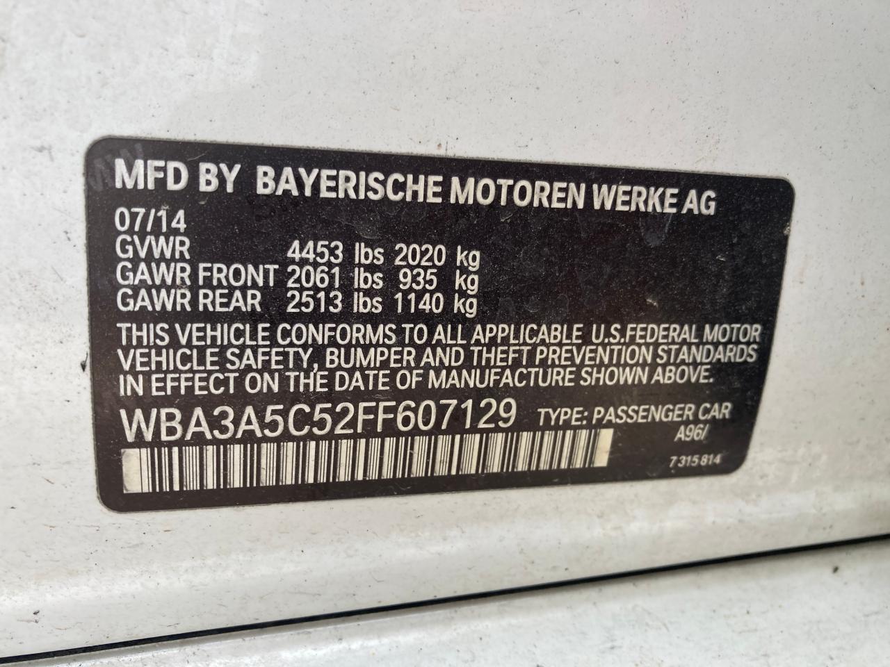 2015 BMW 328 I VIN: WBA3A5C52FF607129 Lot: 43404214