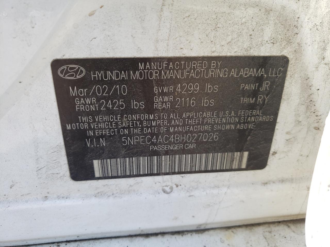 2011 Hyundai Sonata Se VIN: 5NPEC4AC4BH027026 Lot: 44860584