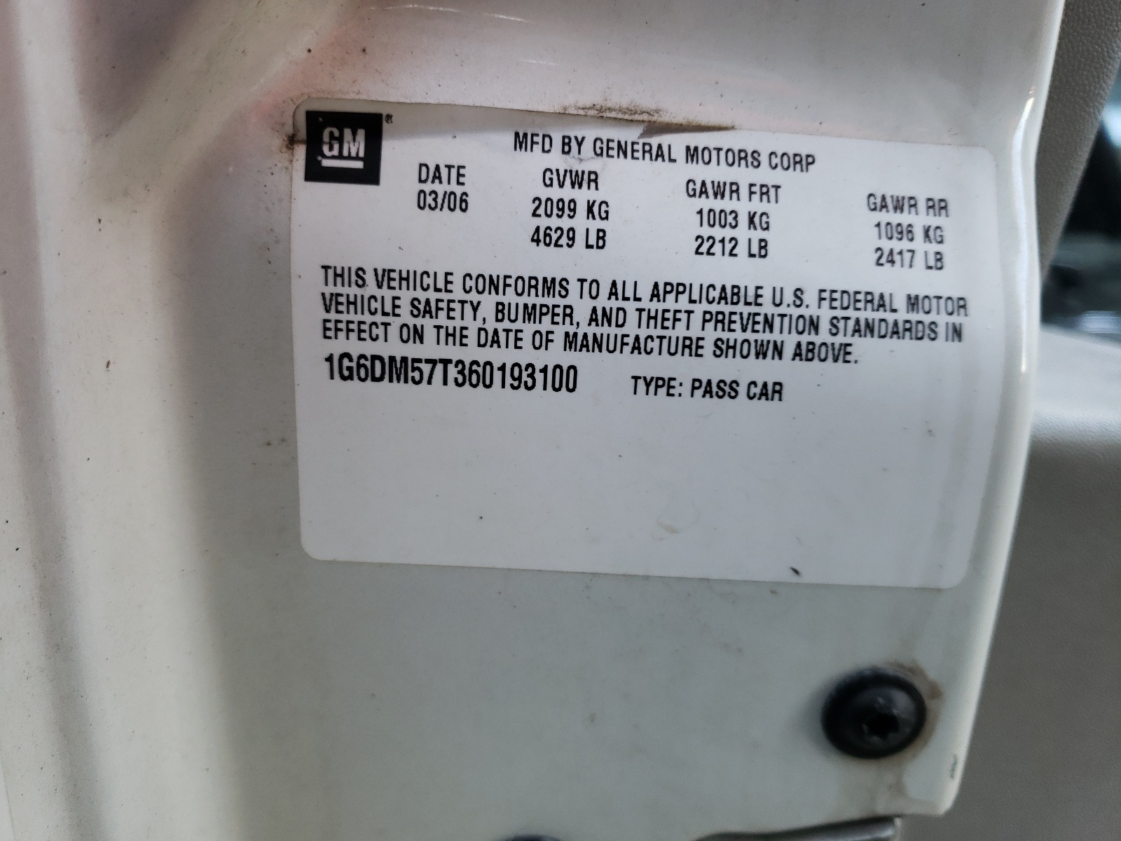 1G6DM57T360193100 2006 Cadillac Cts