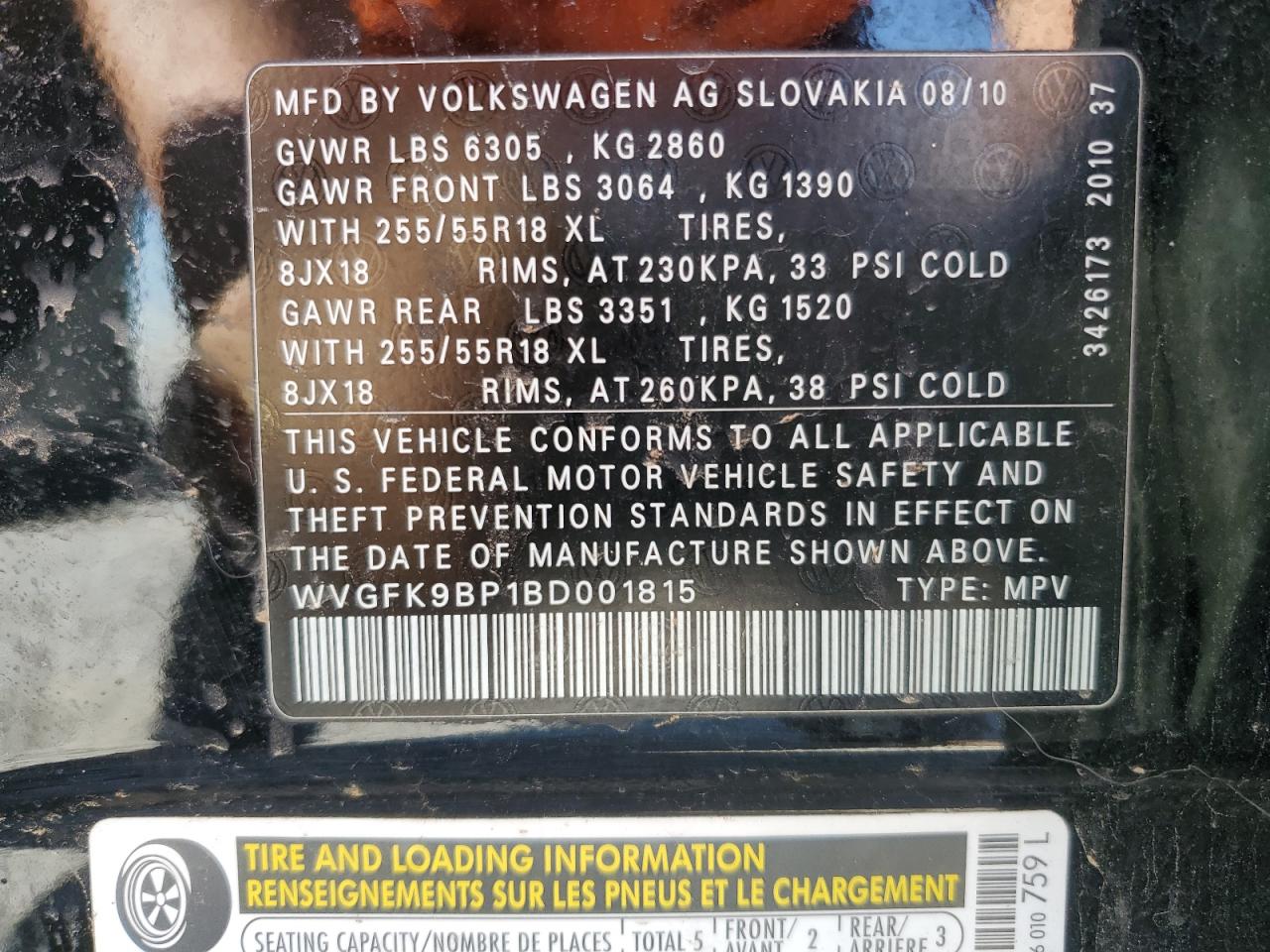 WVGFK9BP1BD001815 2011 Volkswagen Touareg V6 Tdi