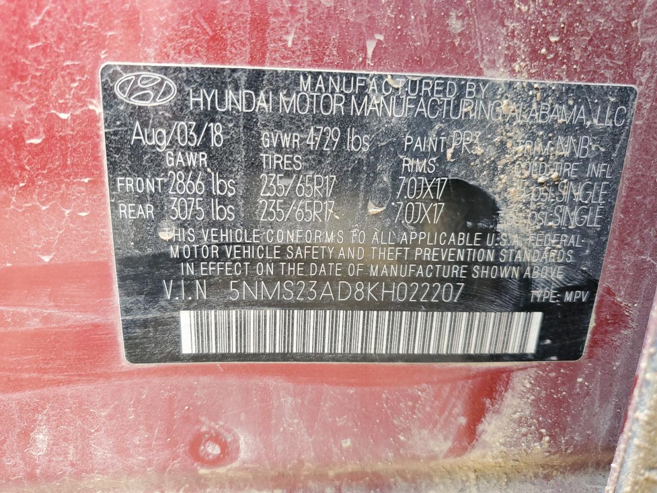 5NMS23AD8KH022207 2019 Hyundai Santa Fe Se