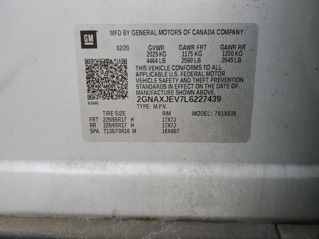 2020 Chevrolet Equinox Fwd 2Fl VIN: 2GNAXJEV7L6227439 Lot: 45083004