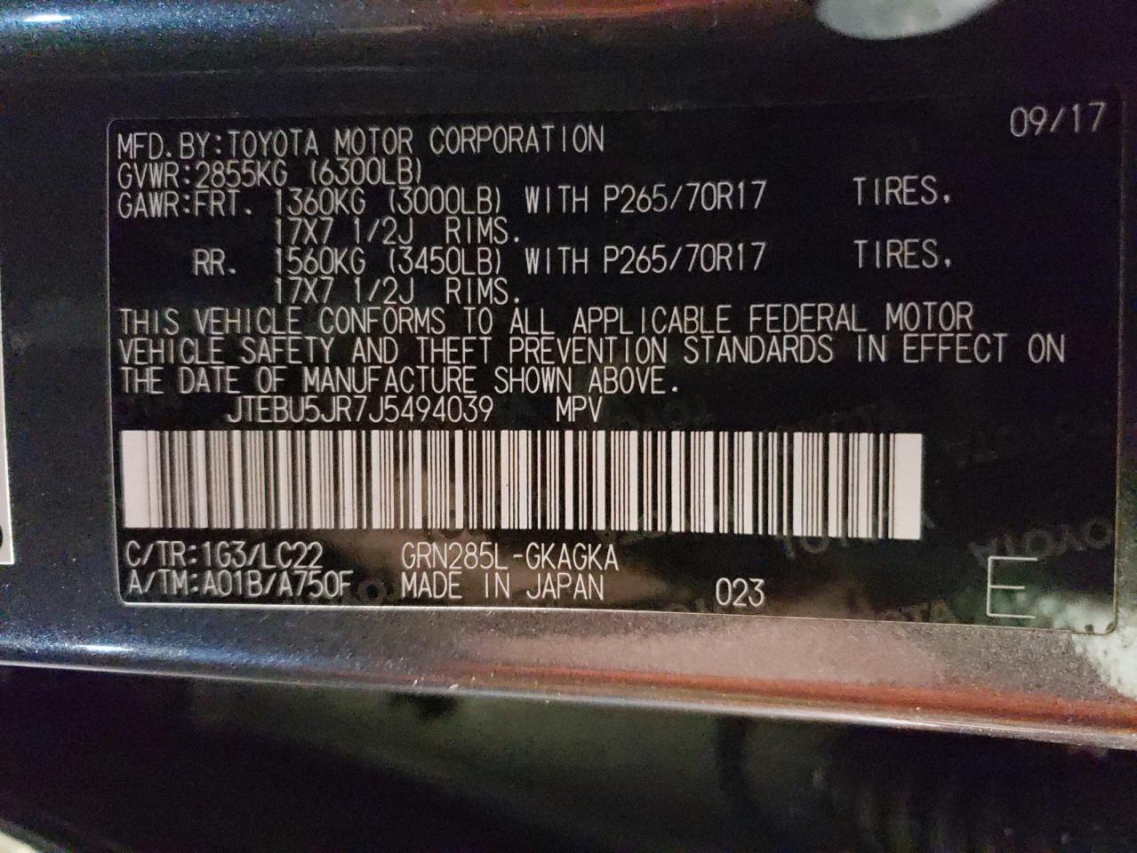 2018 Toyota 4Runner Sr5/Sr5 Premium VIN: JTEBU5JR7J5494039 Lot: 44137124