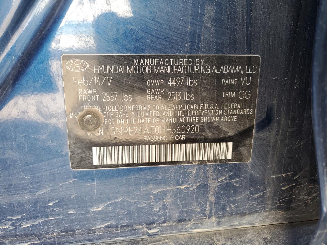 2017 Hyundai Sonata Se VIN: 5NPE24AF0HH560920 Lot: 42144574