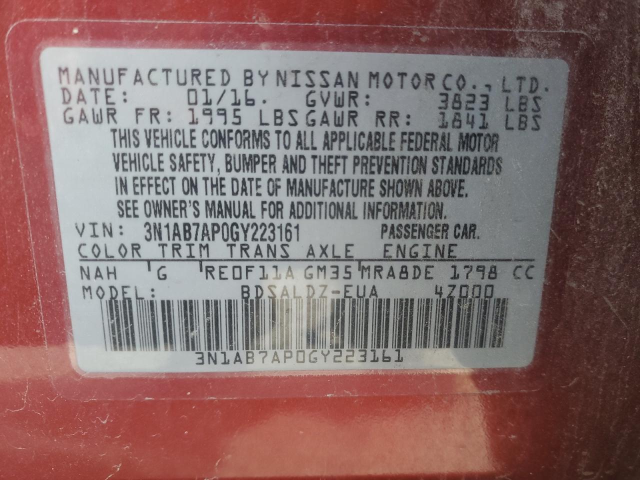 3N1AB7AP0GY223161 2016 Nissan Sentra S